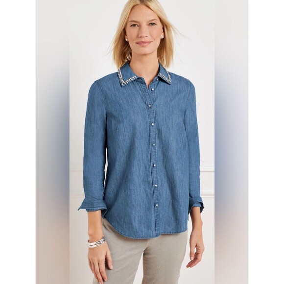 Talbots Tops - Talbots Embellished Collar Denim Button Front Shirt Size 1XP